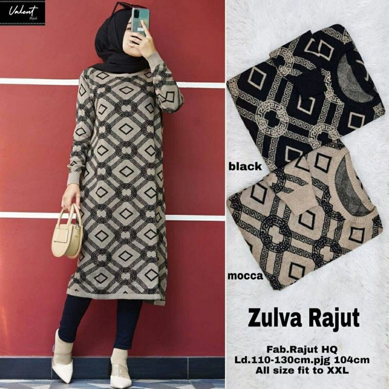 Zulva Rajut warna hitam kombinasi mix coklat tunik cewe motif batik etnik cantik wanita ootd terbaru
