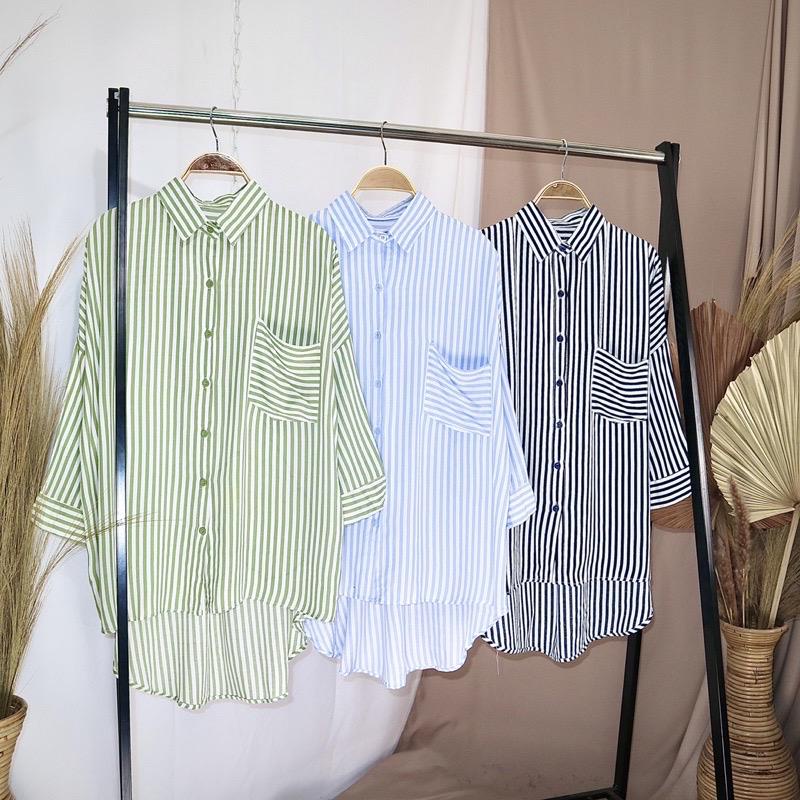 BEFAST - ZFS OOTD Wanita Kemeja ANI / NAZHA OVERSIZE SHIRT RAYON DIAMOND / Kemeja Salur / Kemeja Oversize Trendy / OOTD Ala Korean Style / Kemeja Lengan Panjang Terbaru 2022 / Kem Garis-Garis Oversize / Terlaris / Termurah