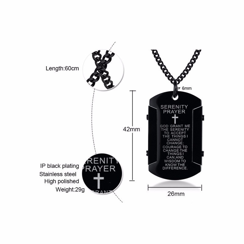 Retro Black Wisdom Serenity Prayer Steel Dog Tag Necklace Pendant for Men Christian Jewelry With