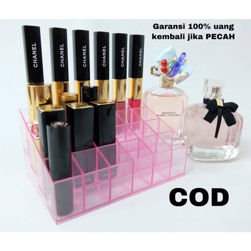 ELDE 1 - KOTAK TEMPAT LIPSTIK ORGANIZER ACRYLIC RAK LIPSTIK 24 SEKAT / MAKE UP ORGANIZER YANG TERBUAT DARI BAHAN ACRYLIC BERKUALITAS TINGGI. TERDIRI DARI 24 SEKAT YANG AMAN UNTUK MENYIMPAN LIPSTICK/BARANG LAIN DENGAN UKURAN SESUAI SEKAT YG TERSEDIA