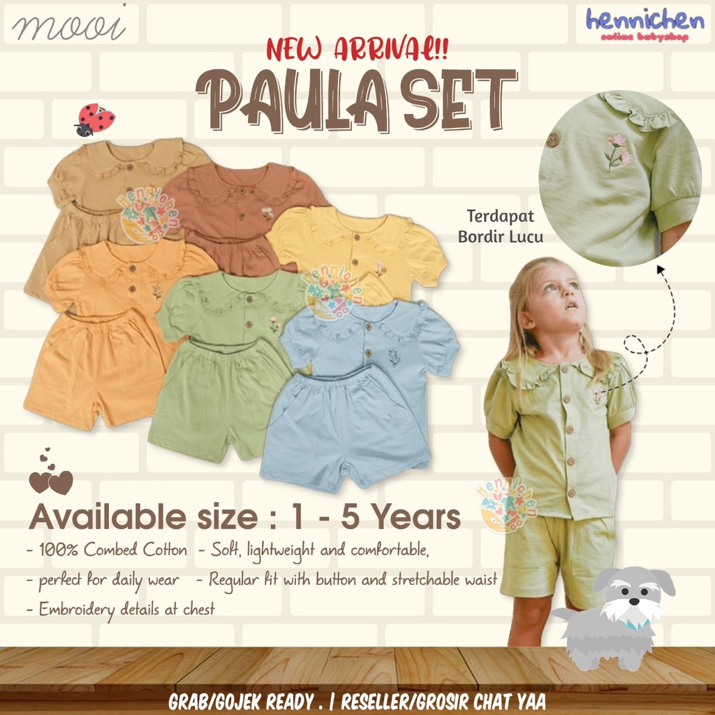 MOOI PAULA SET SETELAN ANAK BAJU PENDEK BORDIR CELANA PENDEK FASHION ANAK PEREMPUAN 1 - 5 TAHUN