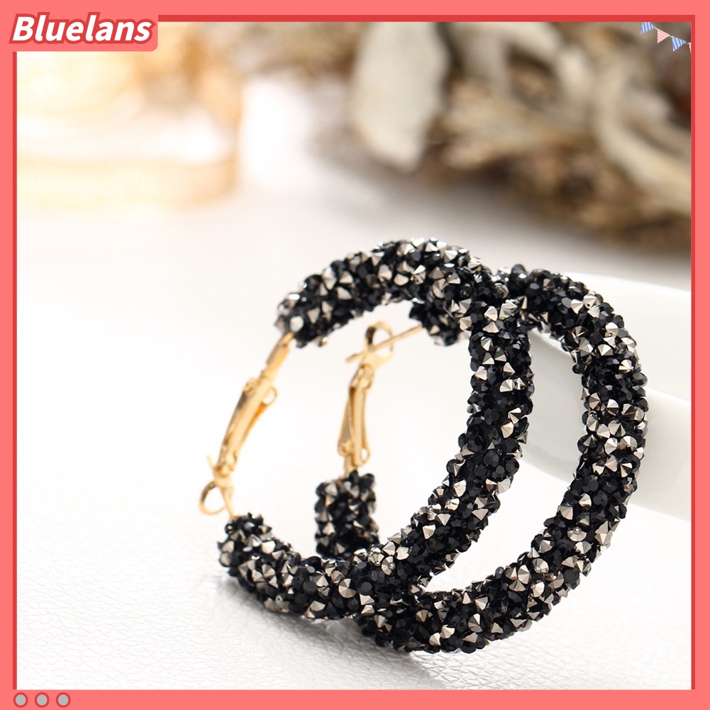 Bluelans Anting Hoop Berlian Imitasi Bentuk Bulat Besar Geometris Untuk Wanita