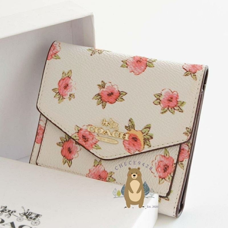 [PAPER BAG ONLY] Dompet Lipat Kecil Coach Cewek Bunga Small Wallet Women Motif Flower Broken White L