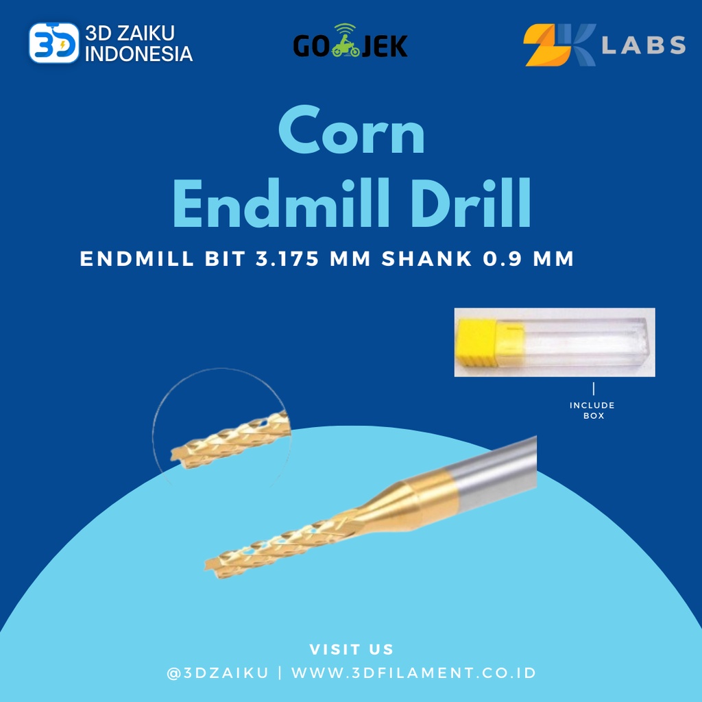 ZKLabs Mata Spindle CNC End Mill Drill Bit 3,175 mm shank 0,9 mm