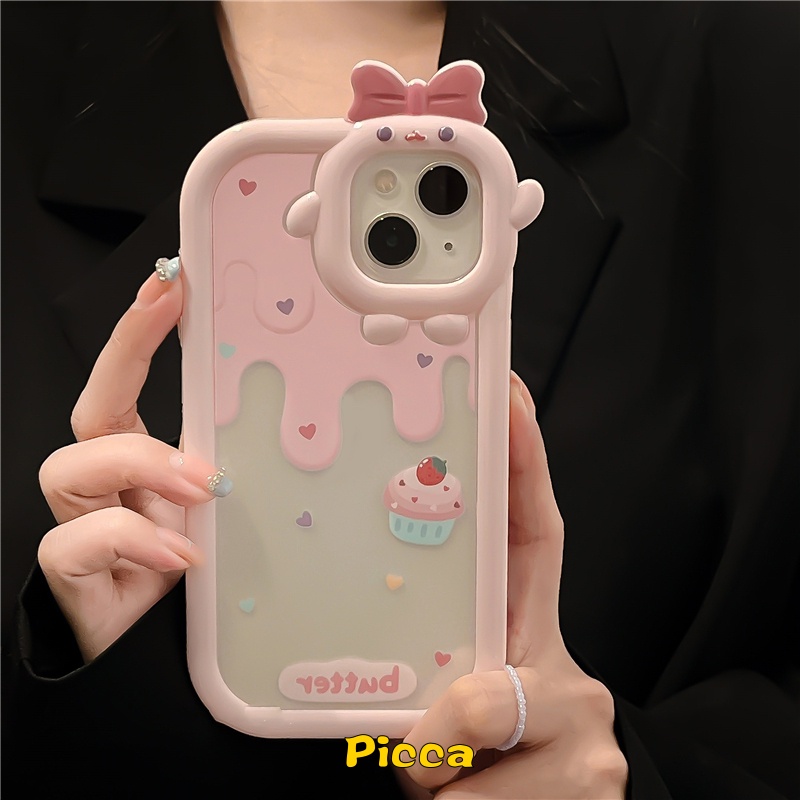 IPHONE Ins Gadis Strawberry Kue Es Krim Case Kompatibel Untuk Iphone14 7 8 Plus XR 7 8 6 6S Plus 14 13 12 11 Pro MAX XS MAX X SE 2020 3D Busur-Simpul Kartun Monster Kecil Penutup Lensa