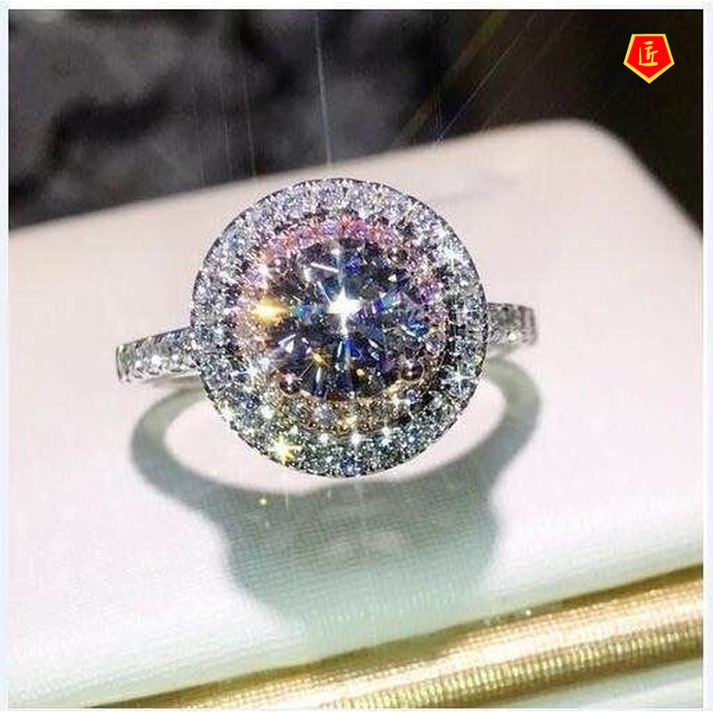 [Ready Stock]Round Gem Ring Pink Diamond Rose Gold Color Separation Luxury Elegant