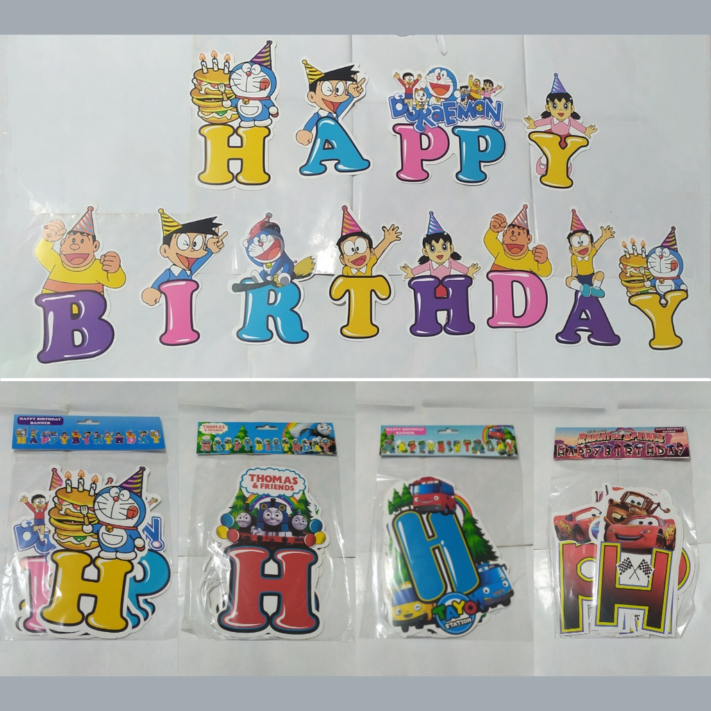 Banner / Gantungan Hiasan Ulang Tahun Anak Karakter Happy Birthday Doraemon - Tayo - Cars - Thomas a