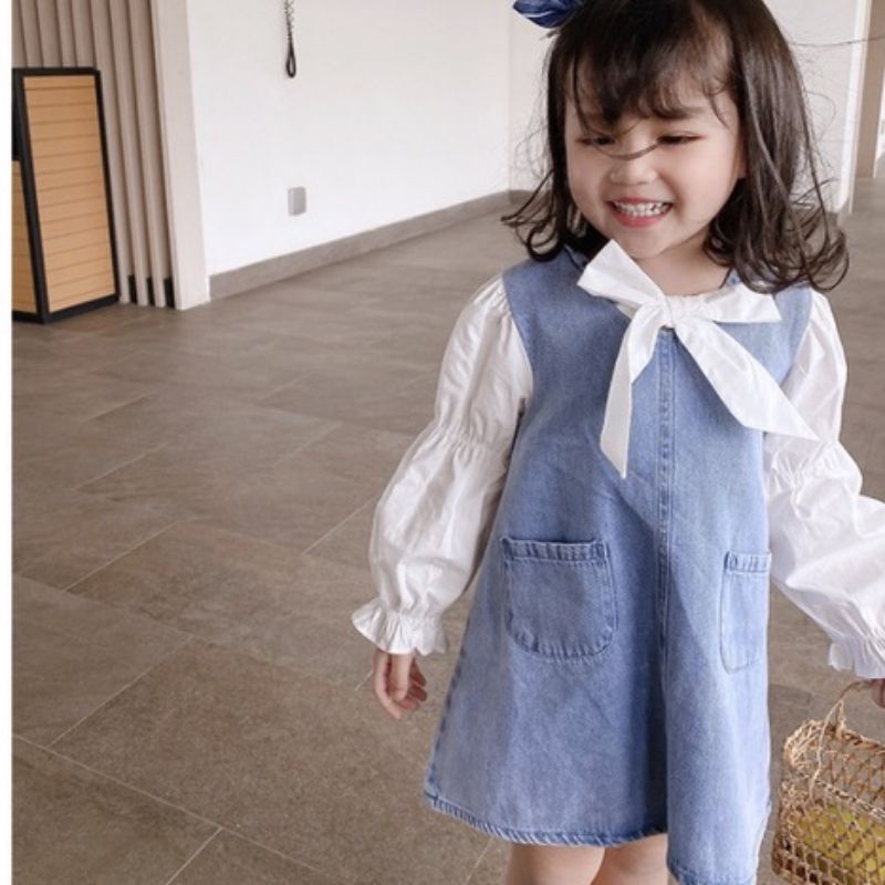 GODICLOCK mini dress jeans lengan panjang anak perempuan al-n23