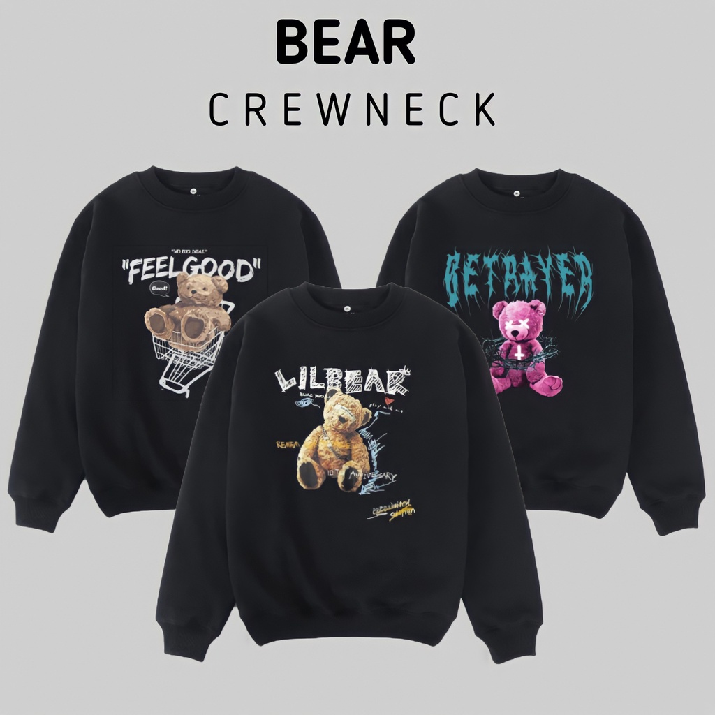 Sweater Bear Happiness Hugs Oversize Hitam Crewneck Pria Distro Original Sweter Switer Wanita Kekini
