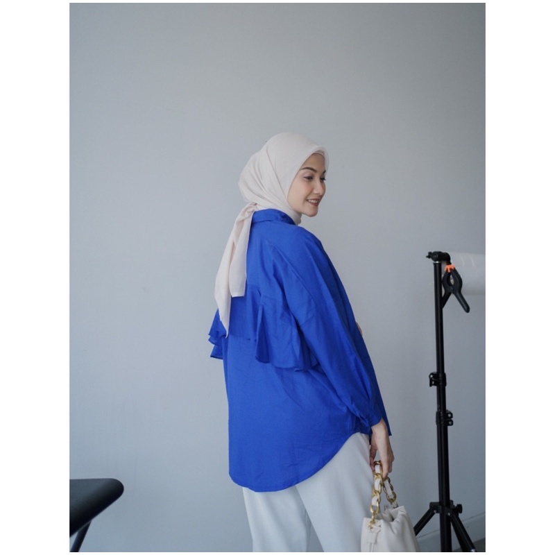SEYHA - NINY KEMEJA REMPLE BLOUSE WANITA SHIRT PUTIH KEMEJA Lengan Panjang-Blue medium