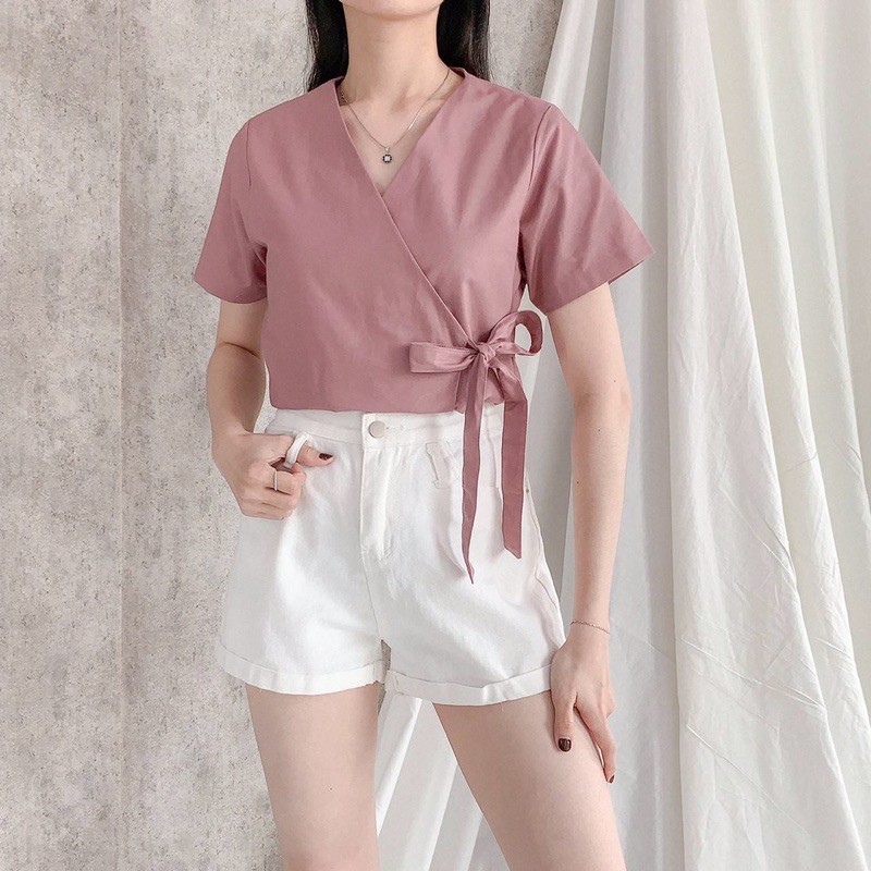 ARESTA TOP BAJU ATASAN BLOUSE WANITA LENGAN PENDEK BAHAN KATUN COTTON PITA RIBBON KIMONO POLOS FUCHSIA SHOCKING PINK KHAKI TOSCA PUMPKIN ORANGE GREYISH BLUE BLACK-2