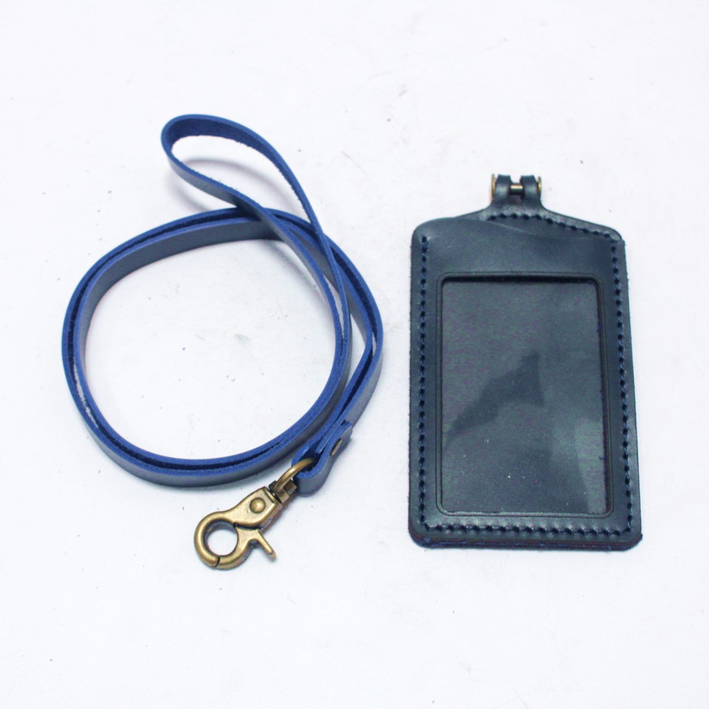 gantungan dompet ID card kulit biru - tali id card holder - PHID829