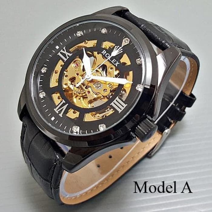 Jam Tangan Pria Rolex Automatic Full Black Tali Kulit  Hitam Tanpa Baterai Sdh Termasuk Box