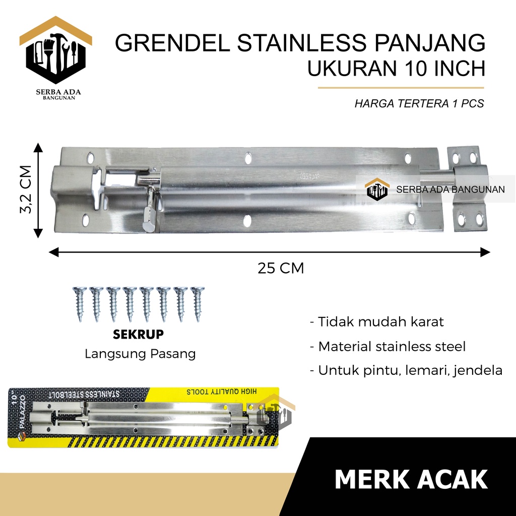 GRENDEL SLOT PINTU STAINLESS STEEL PANJANG 8 - 10 -12 INCH / KUALITAS TEBAL KUAT PENGUNCI SELOT RUMA