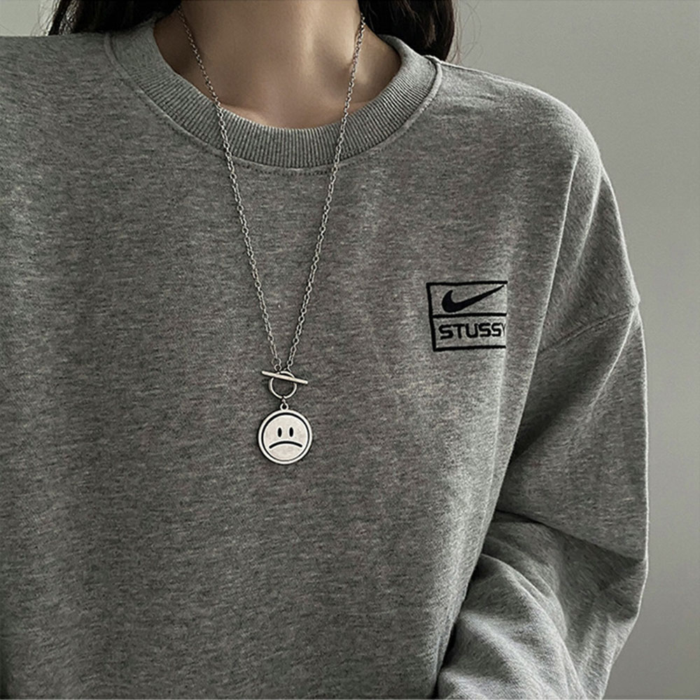 【COD Tangding】Double Side Smile Sad Face Rotating Pendant Simple Couple Retro Personality Hip-hop Necklace Chain Fashion Accessories