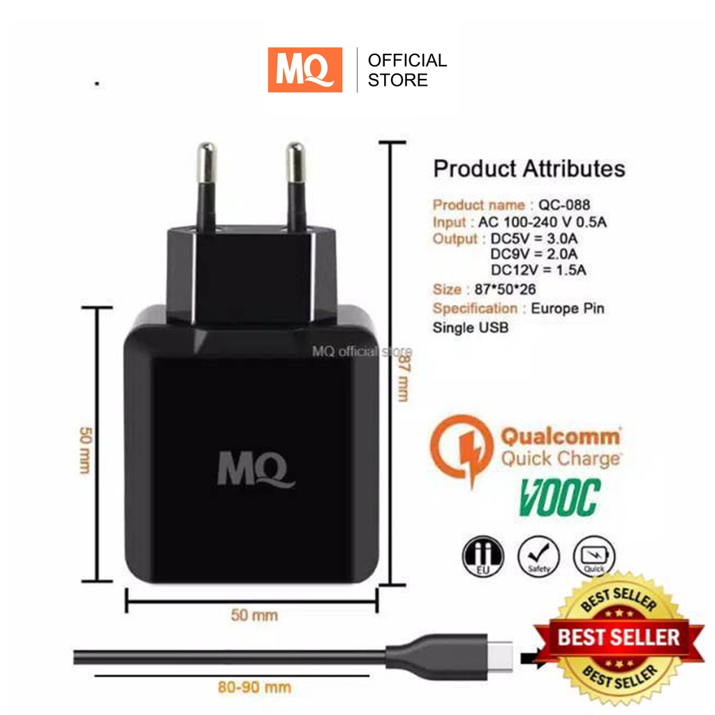 MQ Charger Qualcomm 3A 18W QC 3.0 with Cable Quick Charger Original MQ FT-01 - Garansi 1 tahun