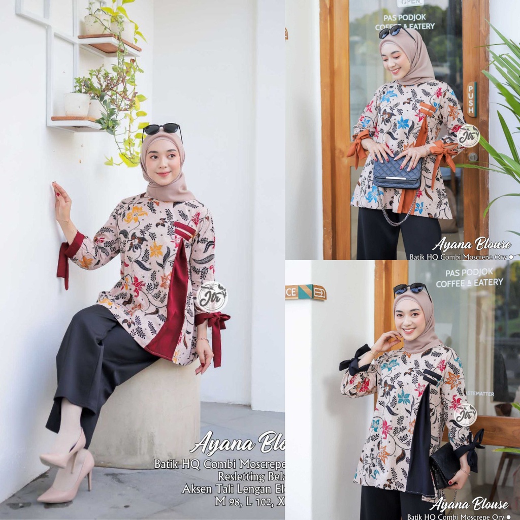 Blouse Batik Ayana Lengan Panjang Baju Batik Wanita Bahan Katun Kombinasi Moscrap Premium Modern