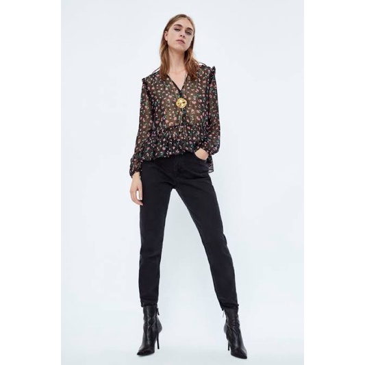 Zara Floral Printed Shirt with Metallic Thread