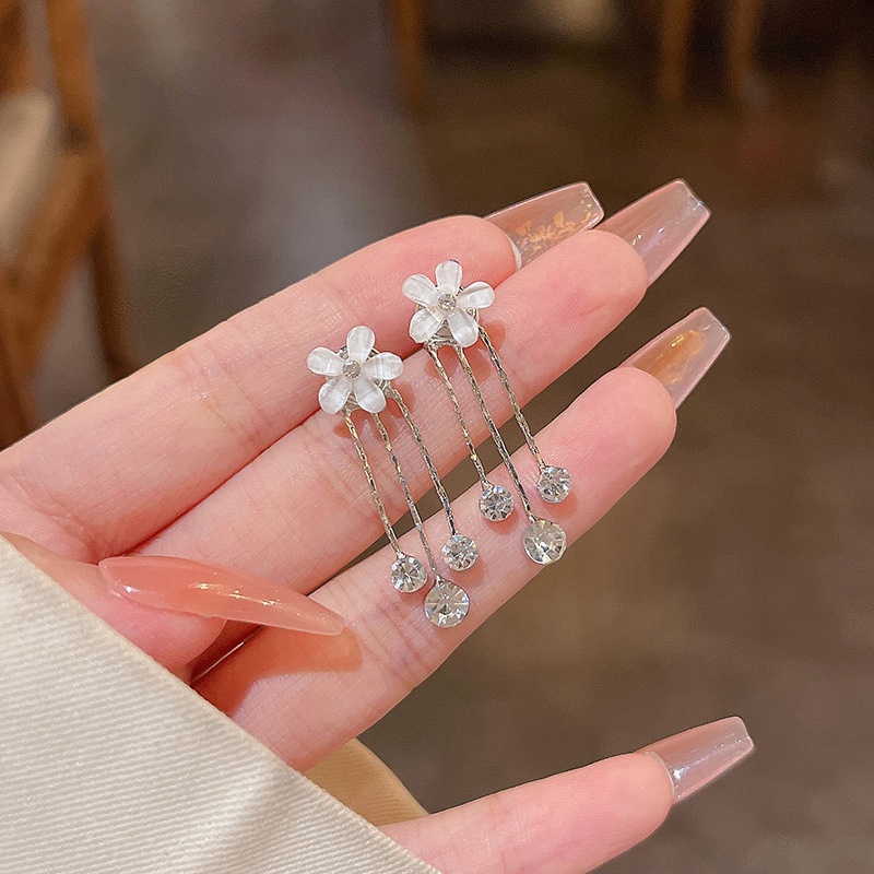 Anting Tusuk Gantung Panjang silver 925 Desain Bunga Hias Kristal Untuk Wanita