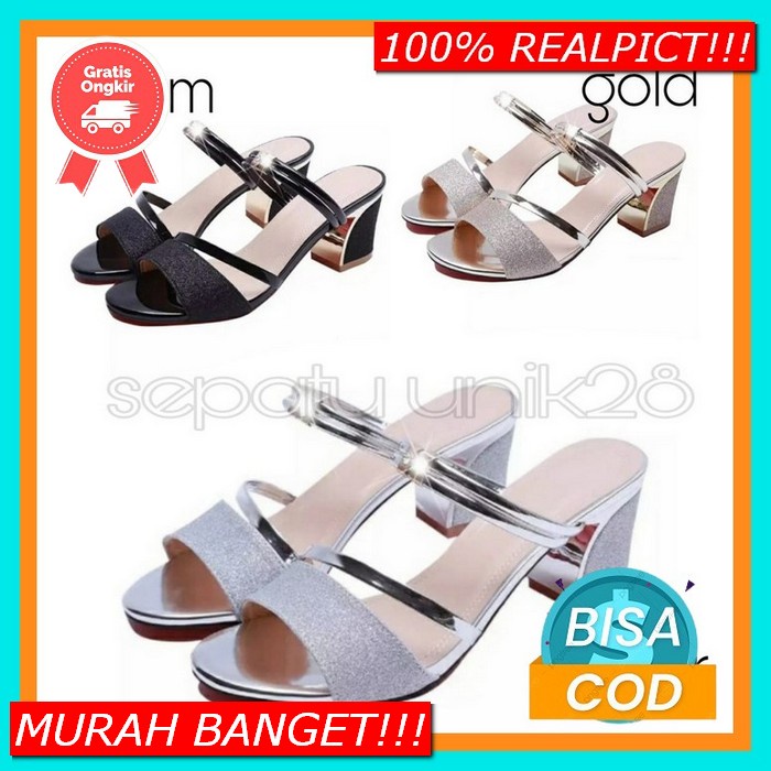 Heels Silang Gladiator Hak Pendek Pump Kotak Tahu Murah Heel Pesta Ker Dubay_Sandal Wanita Hak Tin