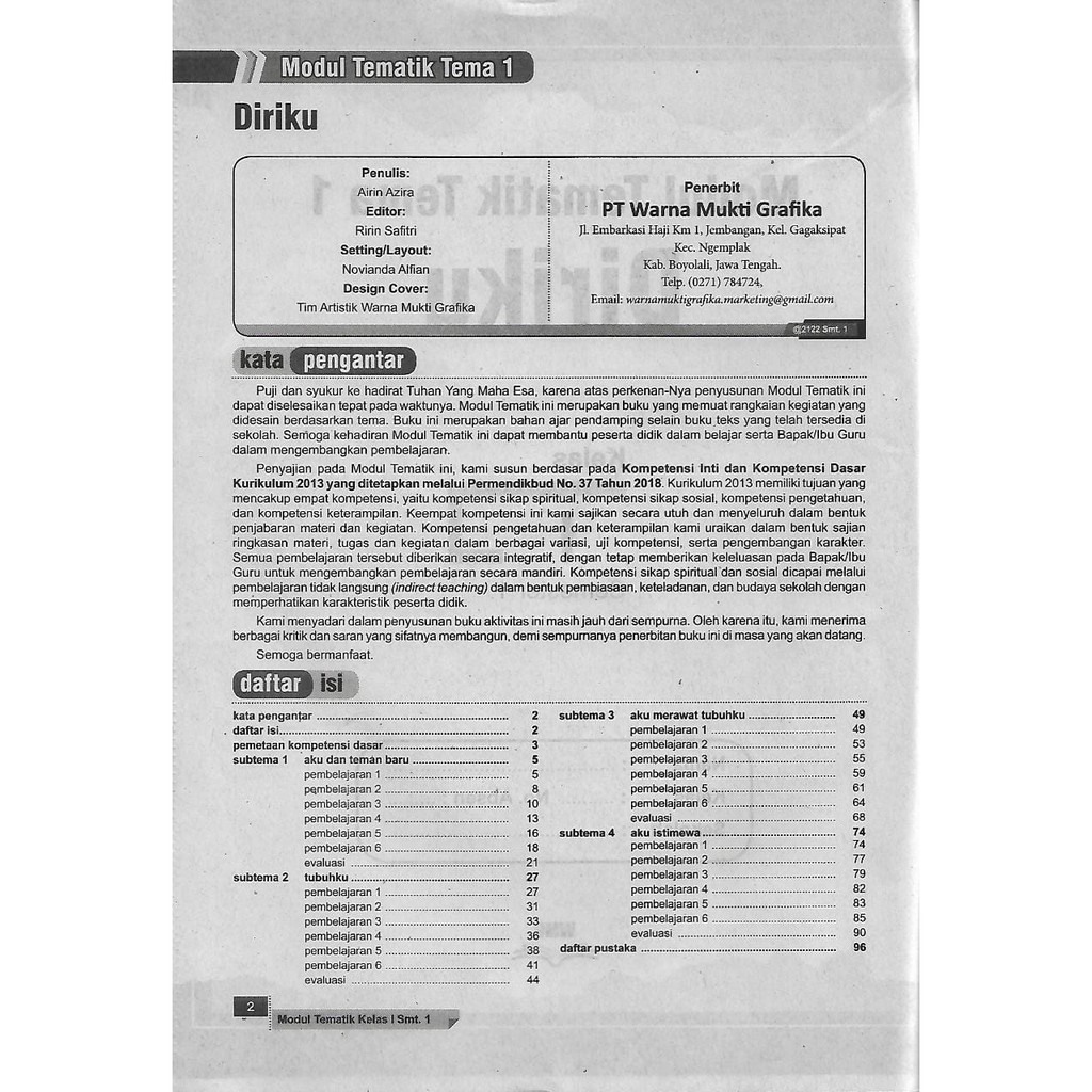 Inspirasi Tematik Tema 1 kelas 1 SD/MI Semester 1 kurikulum 2013 EdisI Revisi 2017-2