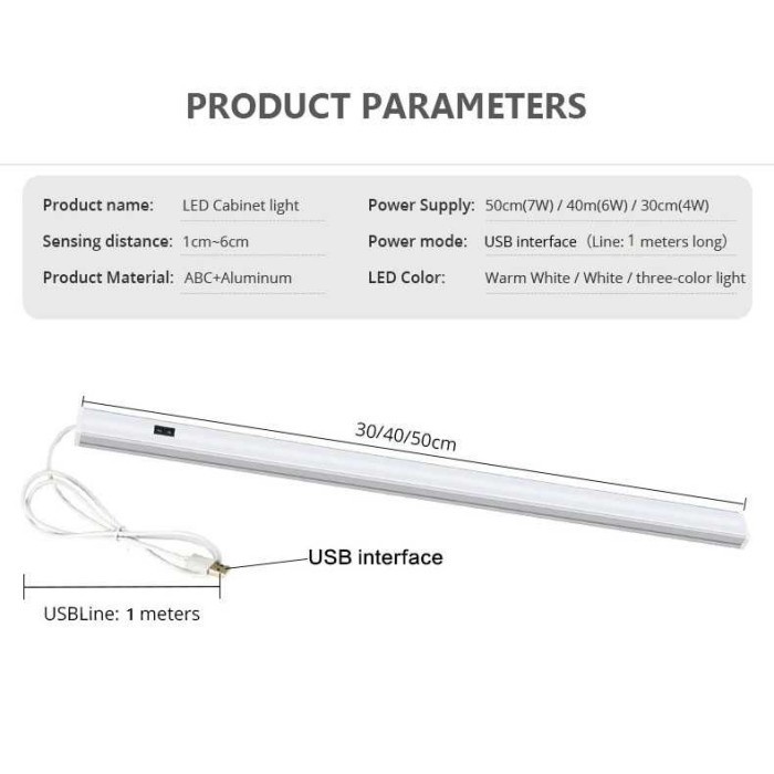 Lampu LED Lemari USB Sensor Deteksi Cahaya Under Cabinet 50cm