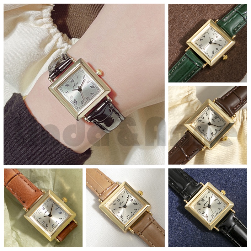 Jam Tangan Wanita Retro Analog Quartz Pu Dial Kotak Trendy Fashion