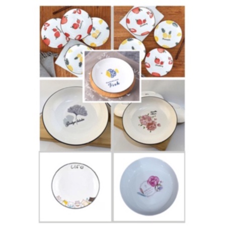 Piring Keramik Korea Motif Nanas/Strawberry/Pohon/Bunga Rose Pink Variasi 20cm-1