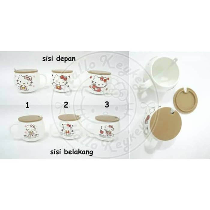 gelas keramik tutup plastik + sendok keramik hello kitty