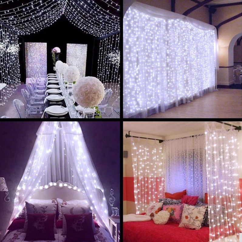 Lampu tirai gorden fairy 3x3 meter 300 LED cahaya putih, warm white