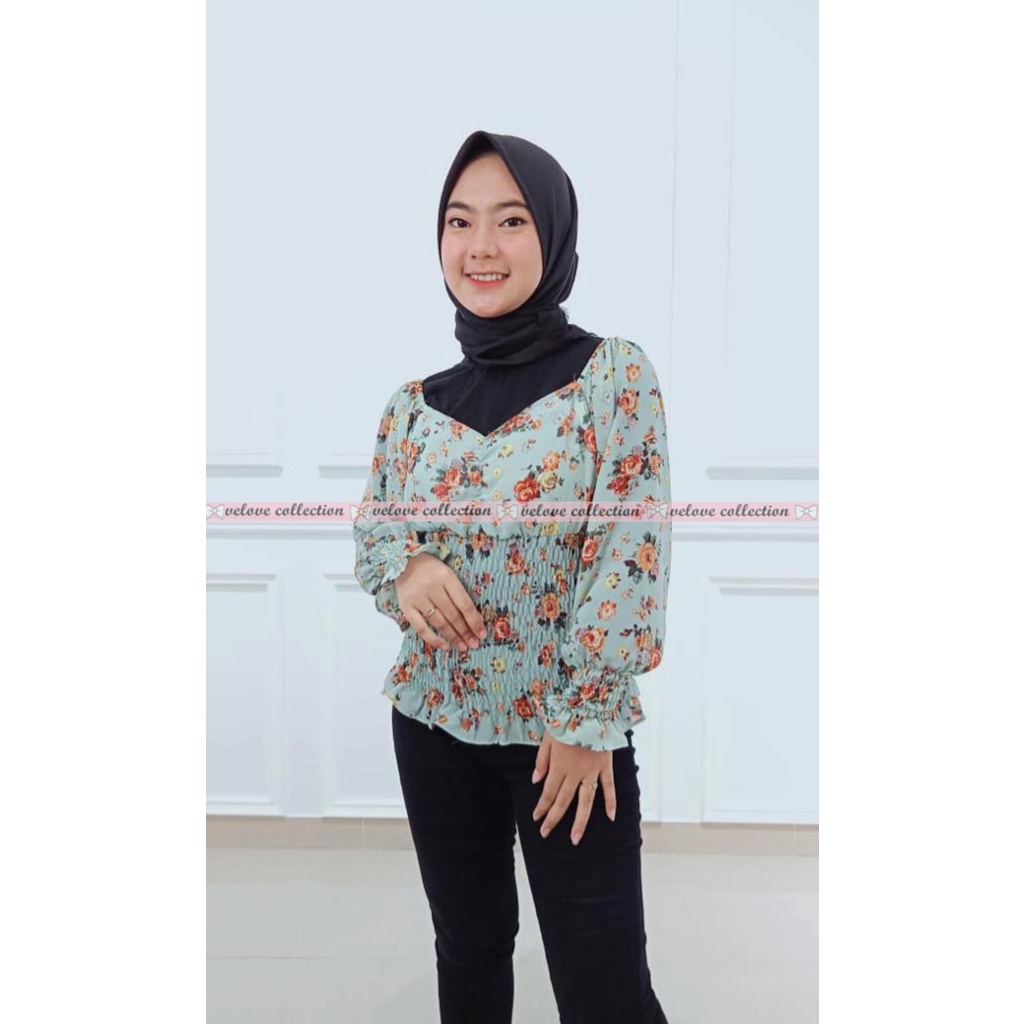 KALANTHA FASHION Chic Chiffon Top Vintage Blouse Wanita Motif Bunga Korean Style-6