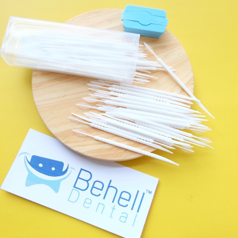 100pcs TUSUK GIGI 2 SISI BEHEL PREMIUM PUTIH - Dental Floss Pembersih Sela Celah Ortho Kawat Bracket - Tooth Brush Interdental Pick Picks Plastik - Sikat Gigi Behel Anti Penghilang Plak Karang Gigi - Behelldental