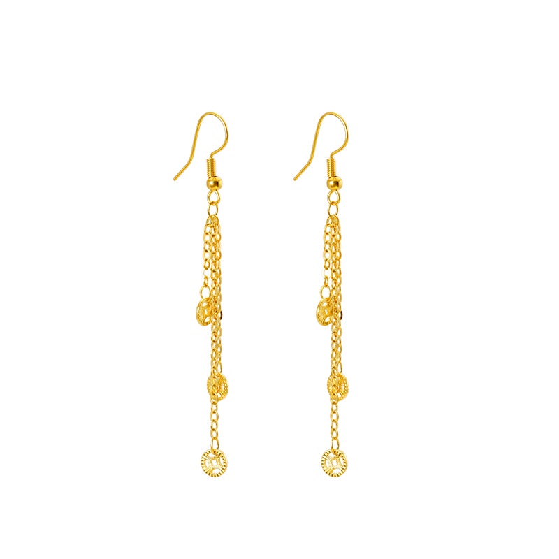 Anting Rumbai Koin Emas Emas Asli Kadar 375 Bahan Tembaga Gaya China Untuk Wanita
