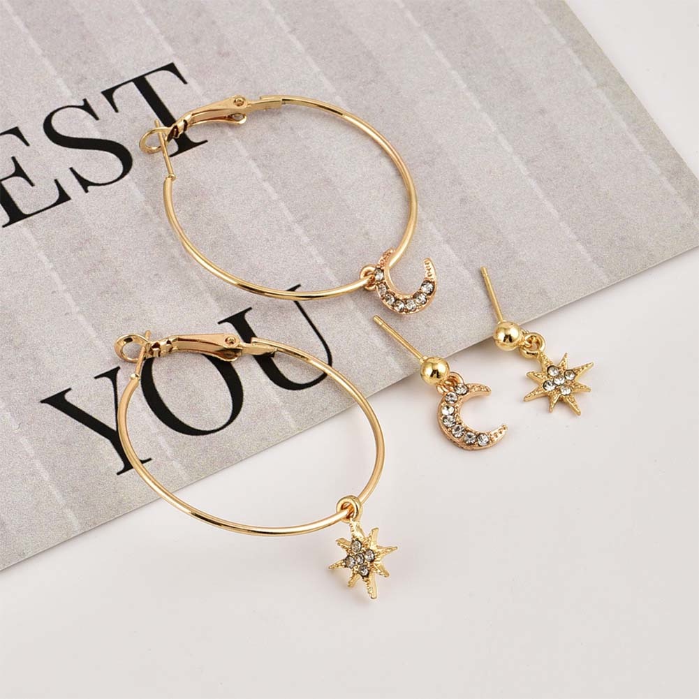 Hu Hu Hu Hu Hu Alat Bantu Pasang Kacamata♡ 4pcs / Set Anting Stud Bentuk Bulan Bintang Aksen Berlian Imitasi Untuk Wanita