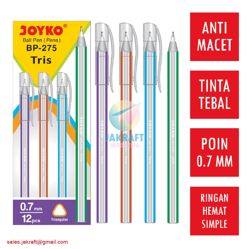 

(12 Pcs) Pulpen Bolpen Ballpoint Pen JOYKO BP-275 TRIS Hitam Black 0.7 mm Tebal Murah Anti Macet