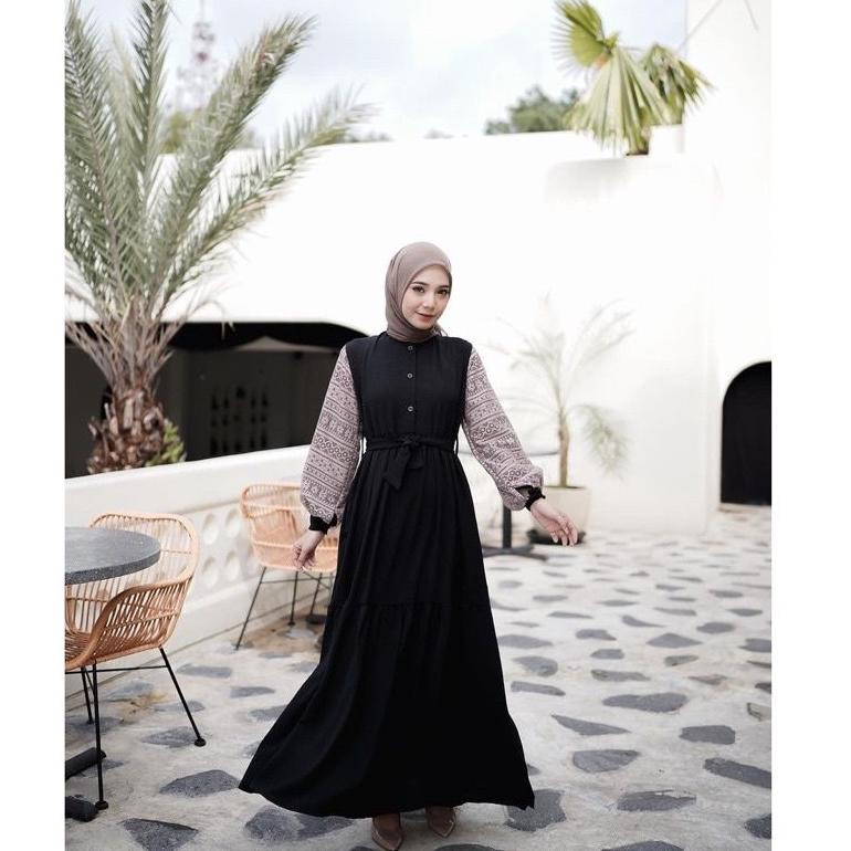 [PLE. 54677] Baju Gamis wanita Elina DressLebaran2021 Bahan Moscrepe motif Brukat M L XL