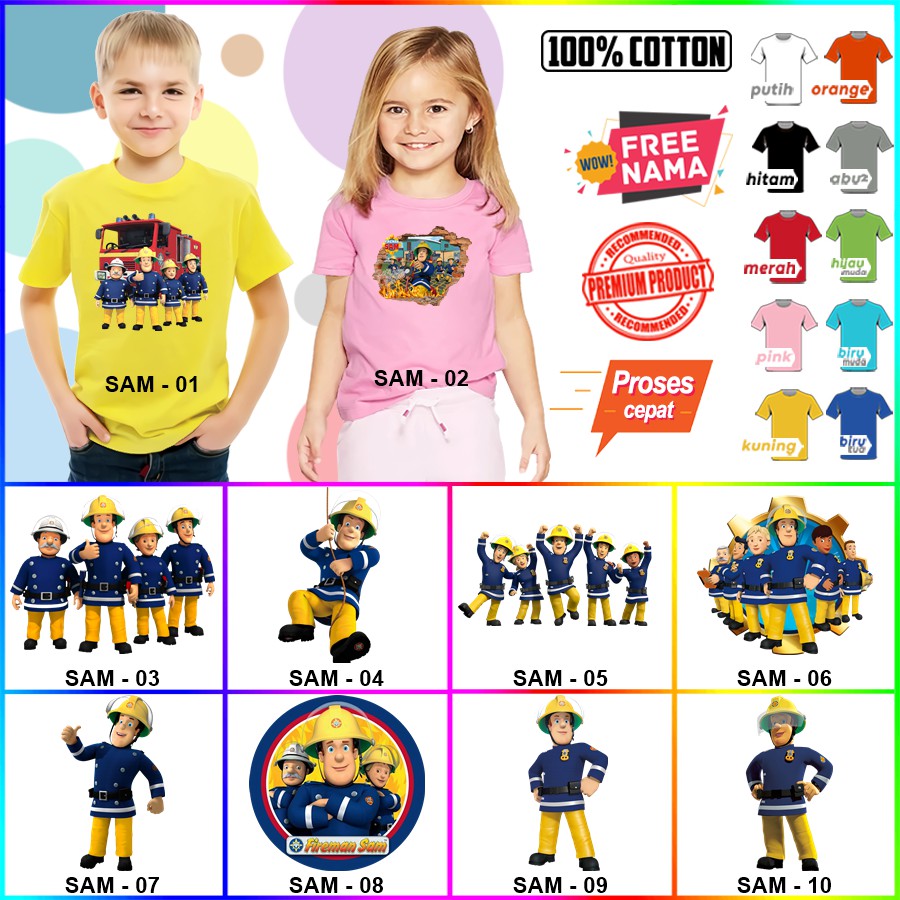 Baju Kaos ANAK DAN DEWASA FIREMAN SAM COUPLE (FREE NAMA)