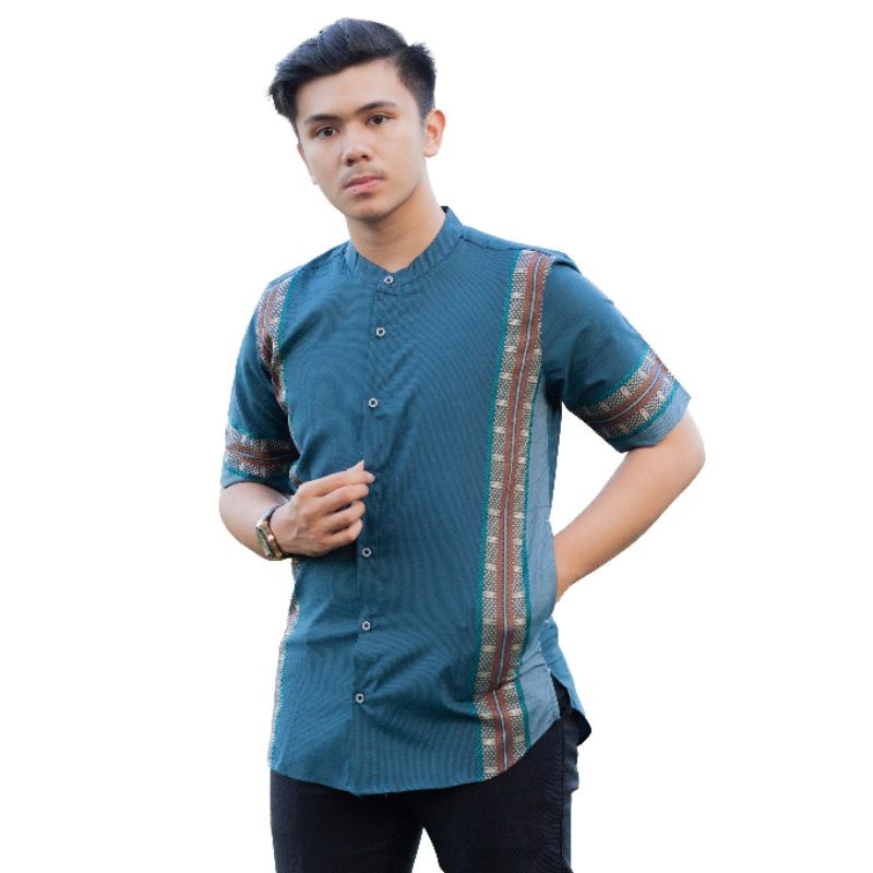 KEMKO SONGKET  LENGAN PENDEK BAJU KURTA PRIA BAJU MUSLIM MODERN PRIA WARNA Maroon Navy Lightning Blue Hijau teal M L XL