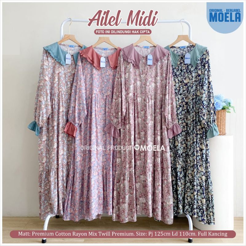 Ailel Midi Dress Bahan Catton Rayon Mix Twill Premium By Moela