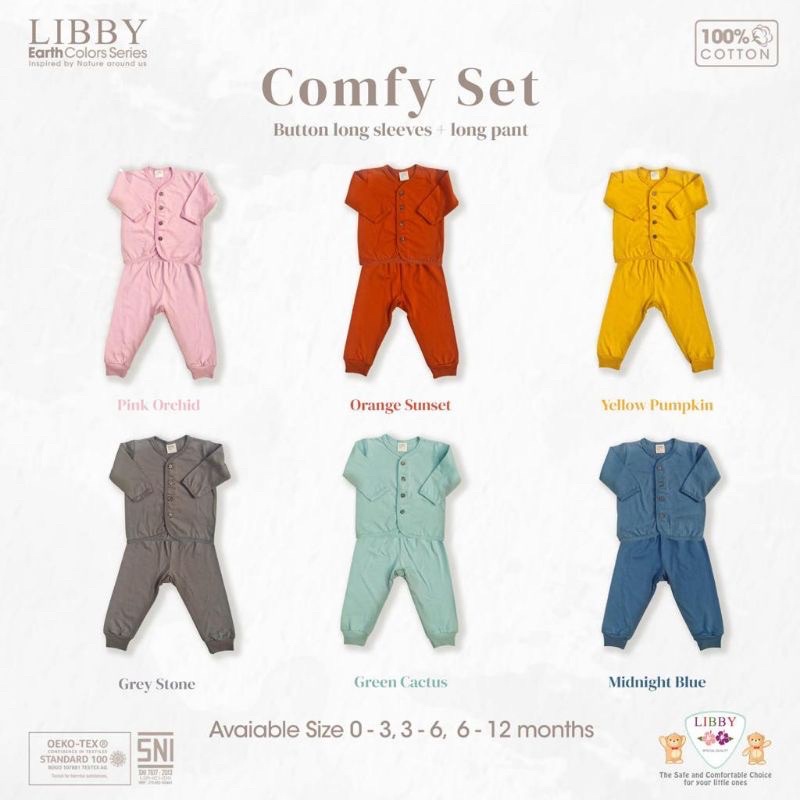 Libby Comfy set Stelan baju panjang kancing depan /piyama bayi Earth colour series