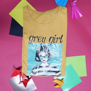  Kaos  Print Kuning Wanita  Grey Girl Shopee Indonesia