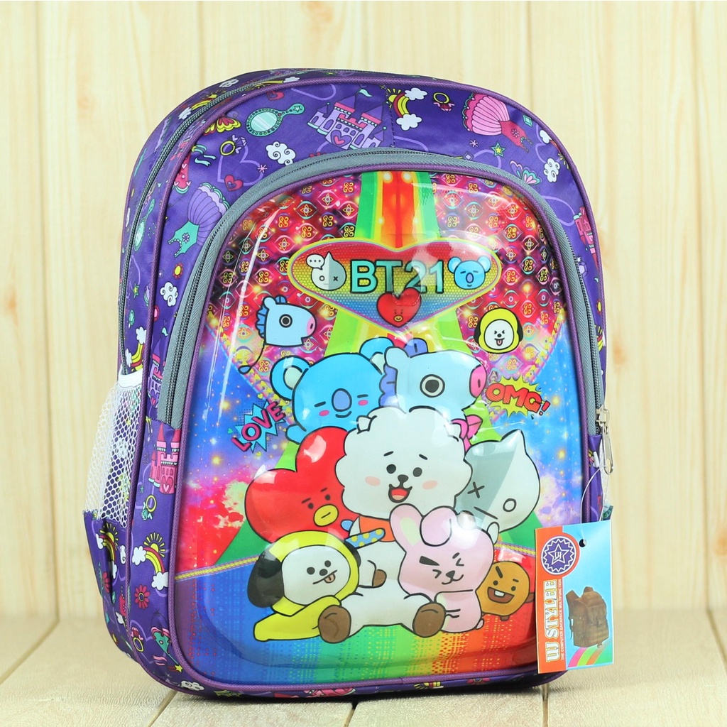 Tas Sekolah Anak Perempuan TK Lampu BT-21 Ungu Paud  Gambar Kartun Karakter Terbaru Lucu Premium SD SMP Mini Murah BT21 Motif Karakter Berkualitas