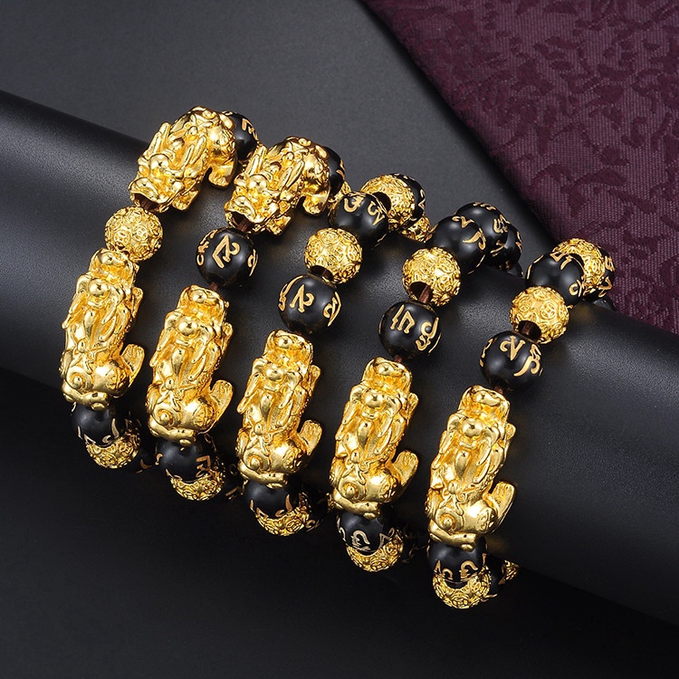 Gelang Manik-Manik Batu Obsidian Feng Shui Bahan Alloy Untuk Unisex