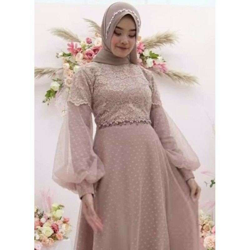 Gamis brukat tile Kekinian Trendy Polka tangan balon Termurah Butik