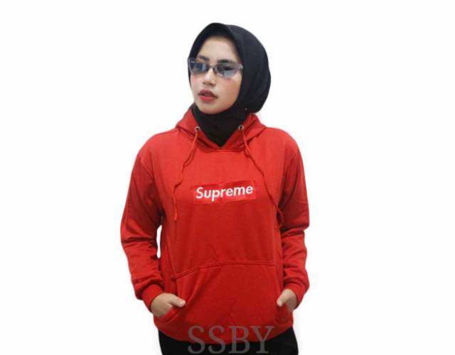 Jaket hoodie switer supreme cewek wanita logo bordir pink nevy hitam putih abu