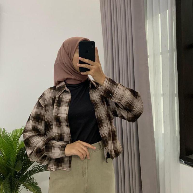 KEMEJA CROP KOTAK KOTAK OVERSIZE KEMEJA WANITA MOTIF TARTAN OVERSIZE KEMEJA CROP TARTAN LENGAN BALON