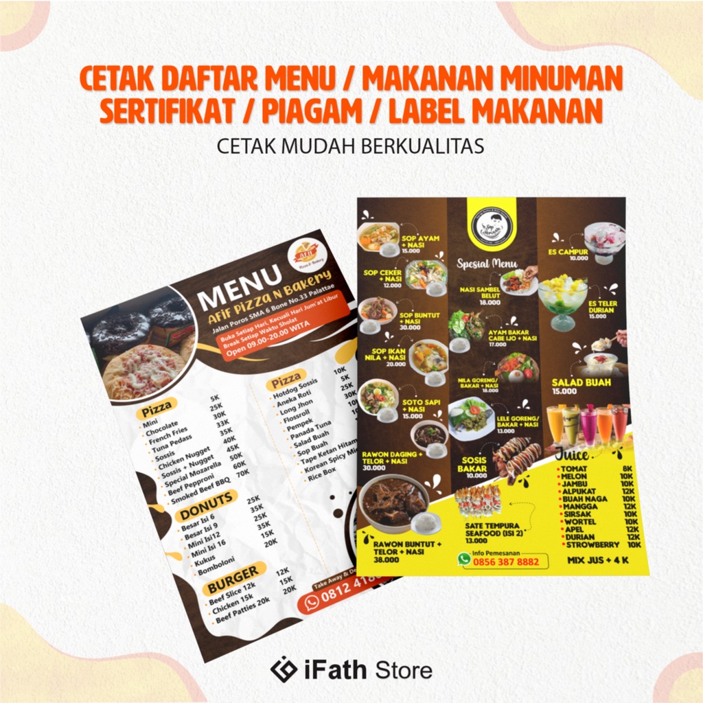 

Cetak Daftar Menu Makanan, Menu Minuman, Sertifikat/Piagam