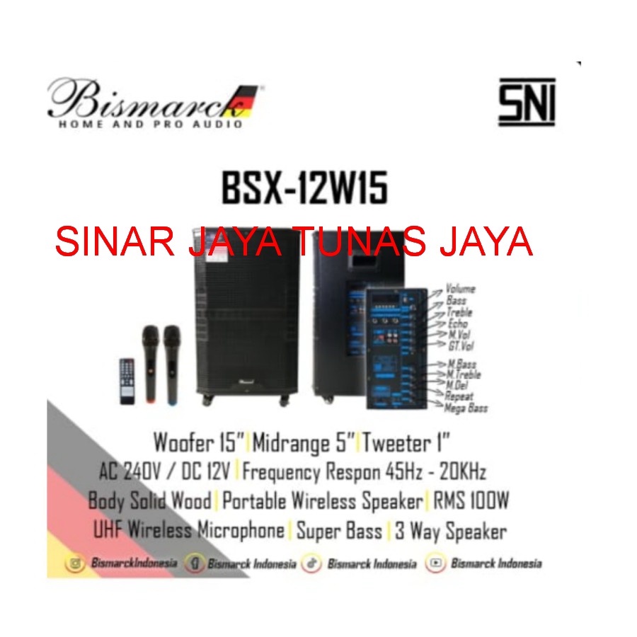 Speaker portabel Bismarck BSX12W15. porteble 15 inch body kayu 2mic.