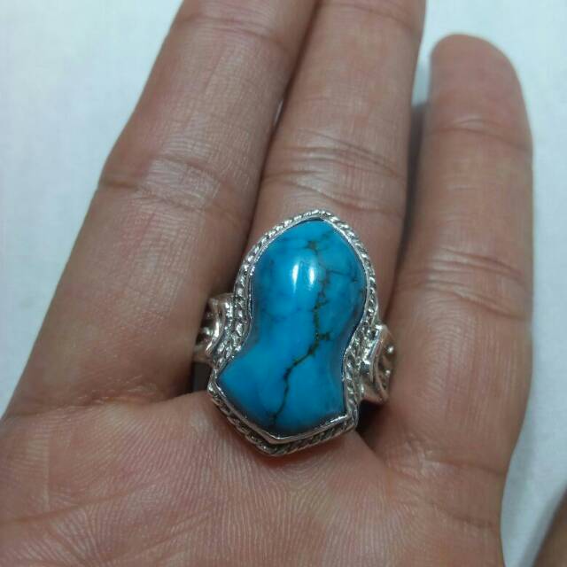 Cincin perak handmade Terompah nabi dengan Batu Permata Mulia Natural Turquoise / Pirus