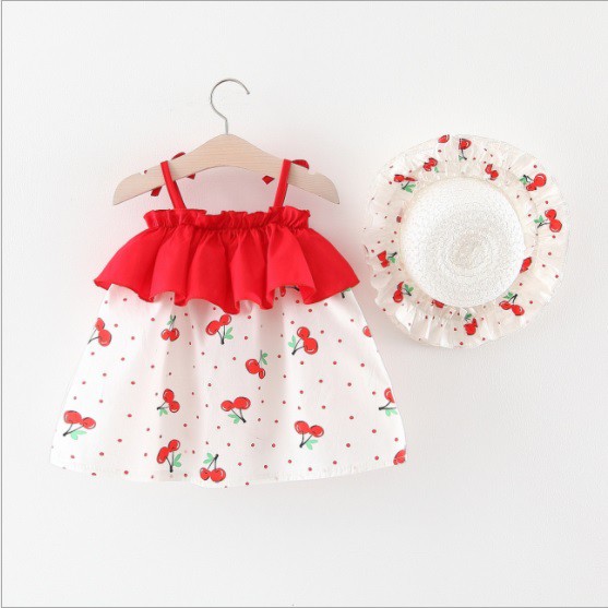 SK65 Set dress /baju dress anak /pakaian anak perempuan tanpa lengan motif strawberry kelinci dengan topi